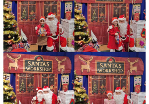 Kolaż zdjęć przedstawiający dzieci pozujące do zdjęcia z Mikołajem.