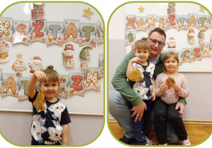 Kolaż taty i córek prezentujących wykonane ozdoby na choinkę.