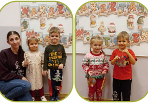 Kolaż dwóch zdjęć, na których dzieci prezentują wykonane ozdoby choinkowe.