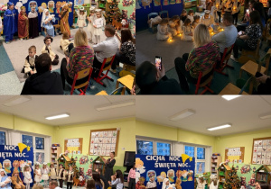 Kolaż przedstawia przebieg przestawienia z okazji Świąt Bożego Narodzenia