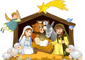 Grafika przedstawiająca szopkę, świętą rodzinę, zwierzęta.