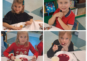 Kolaż zdjęć z dziećmi jedzącymi rybę i barszcz czerwony z uszkami.