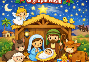 grafika przedstawia szopkę bożonarodzeniową: Maryję, Józefa, Dzieciątko, aniołka oraz zwierzęta.