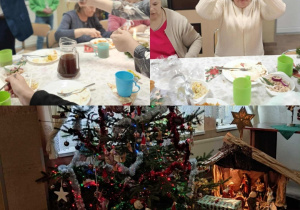 Kolaż przedstawia prezenty ustawione podczas Wigilijnej Kolacji w Domu Pomocy oraz przekazywanie pensjonariuszom upominków od przedszkolaków