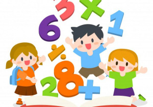 Grafika przedstawiająca dzieci, cyfry i symbole matematyczne.