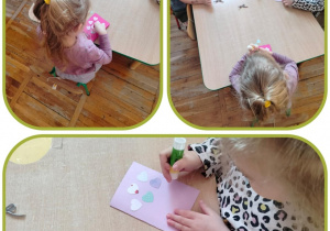 7.Kolaż zdjęć dzieci z grupy Słoneczka przyklejających serduszka na laurkach.