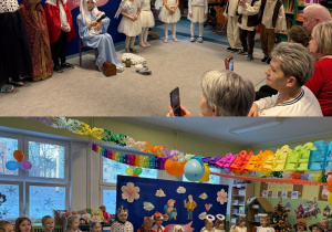 Dzieci w strojach i z rekwizytami występują dla swoich dziadków w występie artystycznym