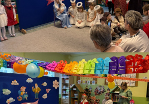 Dzieci w strojach i z rekwizytami występują dla swoich dziadków w występie artystycznym