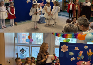 Dzieci w strojach i z rekwizytami występują dla swoich dziadków w występie artystycznym