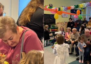 Dzieci wręczają upominki swoim babciom i dziadkom, którzy są szczęśliwi i dumni