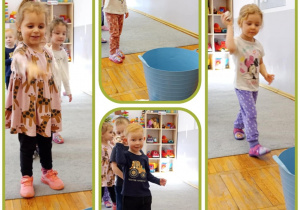 Kolaż – dzieci wrzucają kule do kosza.