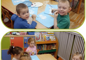 Kolaż dwóch zdjęć, na których przedszkolaki wykonują prace plastyczną.