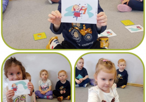 Kolaż zdjęć, na których przedszkolaki pokazują obrazki do wysłuchanego opowiadania.