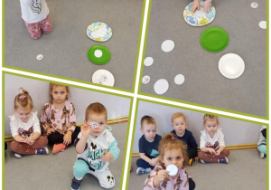 Kolaż – przedszkolaki segregują koła ze względu na ich wielkość.