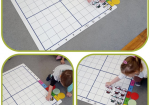 Kolaż ze zdjęciami , na których dzieci układają bałwanki zgodnie z zapisaną cyfrą oraz kolorem.