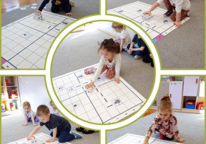 Kolaż – przedszkolaki wyznaczają drogę robota Zosi od bałwanka do jego cienia.