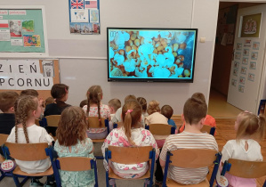 Dzieci z grupy Odkrywcy oglądają film edukacyjny podczas którego dowiadują się jak powstaje ulubiona przekąska.