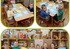 Kolaż – dzieci grupy „Biedronki” wyklejające kontur bałwanka oraz prezentujące skończoną pracę.