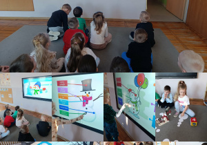 Kolaż zdjęć przedstawiający dzieci z grupy „Misie” podczas aktywności z okazji Dnia Bałwanka.