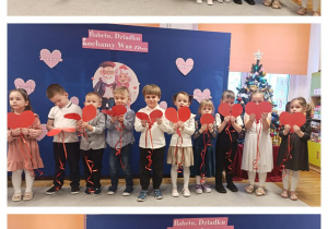 Przedszkolaki tańczą z połówkami serc do piosenki „Podzielone serce”.