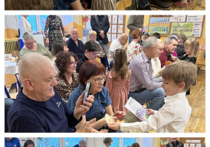 Wnuki wręczają swoim babciom i dziadkom wykonane przez siebie upominki.