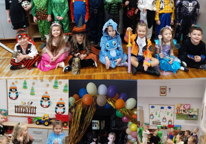 Kolaż zdjęć przedstawiający dzieci z grupy Misie podczas zabawy karnawałowej.