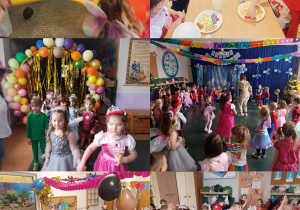 Dzieci z grupy Stokrotki podczas zabawy na balu karnawałowym.