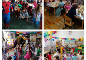 Kolaż zdjęć dzieci z grupy Słoneczka podczas zabawy na balu karnawałowym.