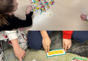 Dzieci budują wylosowane zadanie z klocków oraz przeliczają i porównują zbiory