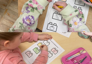 Dzieci wykonują karty pracy o tematyce klocków Lego