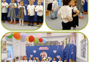 Kolaż prezentujący dzieci z grupy Biedronki śpiewające i tańczące w trakcie występu dla swoich babć i dziadków.