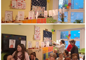 Dziadkowie biorą udział w konkursie „Moja podobizna”, oglądając i rozpoznając portrety przygotowane przez wnuki.