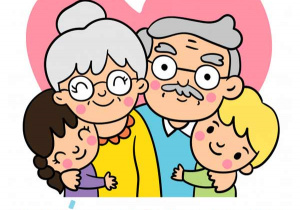 Grafika babci i dziadka z wnukami oraz napis dzień babci i dziadka .