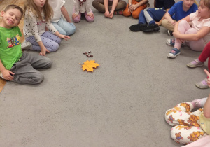 Zdjęcie przedstawia dzieci, ustalające wynik odejmowania kasztanów, które znikały pod jesiennym liściem.