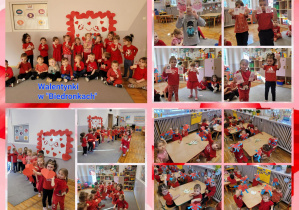 Kolaż zdjęć dzieci z grupy "Biedronki " podczas zabaw walentynkowych