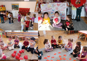 Kolaż zdjęć dzieci z grupy Stokrotki podczas zabaw walentynkowych.