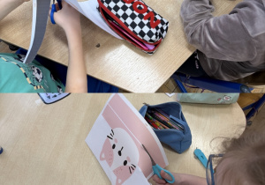 Kolaż przedstawia dzieci wykonujące swoje opaski z kotami oraz prace plastyczne