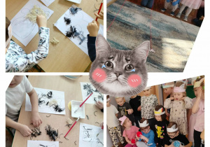 Kolaż zdjęć dzieci z grupy Słoneczka z obchodów dnia kota.