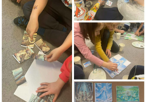 Dzieci układają puzzle z bajkowymi postaciami.