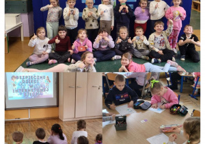 Kolaż zdjęć dzieci z grupy Żabki w trakcie poznawania zasad bezpiecznego korzystania z Internetu.