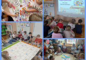 Kolaż zdjęć przedstawiający dzieci z grupy Smerfy podczas obchodów Dnia Bezpiecznego Internetu.