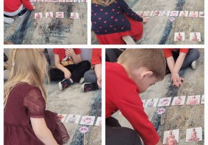 Kolaż zdjęć przedstawiający dzieci szukających odpowiedniego fragment do obrazka z eliksirem.