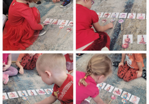 Kolaż zdjęć przedstawiający dzieci szukających odpowiedniego fragment do obrazka z eliksirem.