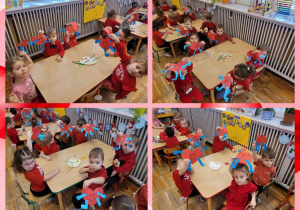 Kolaż zdjęć dzieci z wykonanymi walentynkowymi pracami plastycznymi