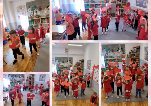 Kolaż zdjęć dzieci podczas walentynkowych zabaw muzyczno-ruchowych