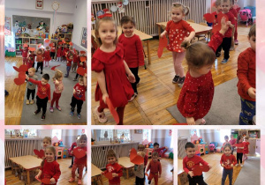 Kolaż zdjęć dzieci podczas walentynkowych zabaw tanecznych