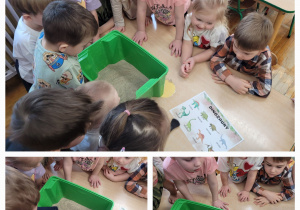 Kolaż zdjęć przedstawiający dzieci w zabawie w paleontologa.