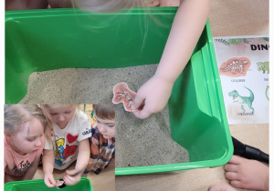 Kolaż zdjęć przedstawiający dzieci w zabawie w paleontologa.