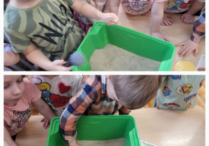 Kolaż zdjęć przedstawiający dzieci w zabawie w paleontologa.