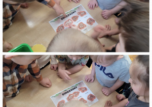 Kolaż zdjęć przedstawiający dzieci w zabawie w paleontologa.